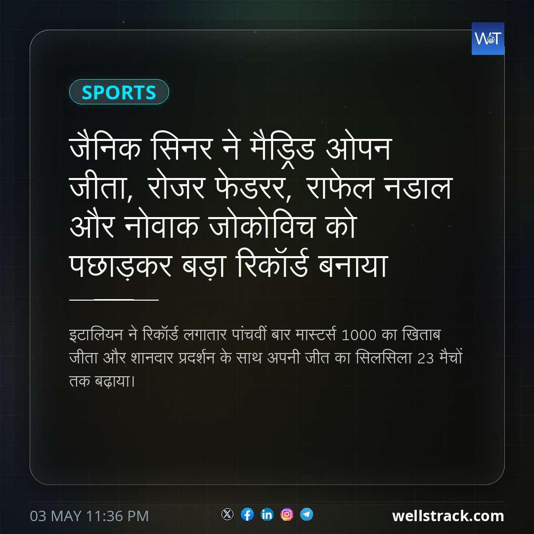 जैनिक सिनर ने मैड्रिड ओपन जीता, रोजर फेडरर, राफेल नडाल और नोवाक जोकोविच को पछाड़कर बड़ा रिकॉर्ड बनाया