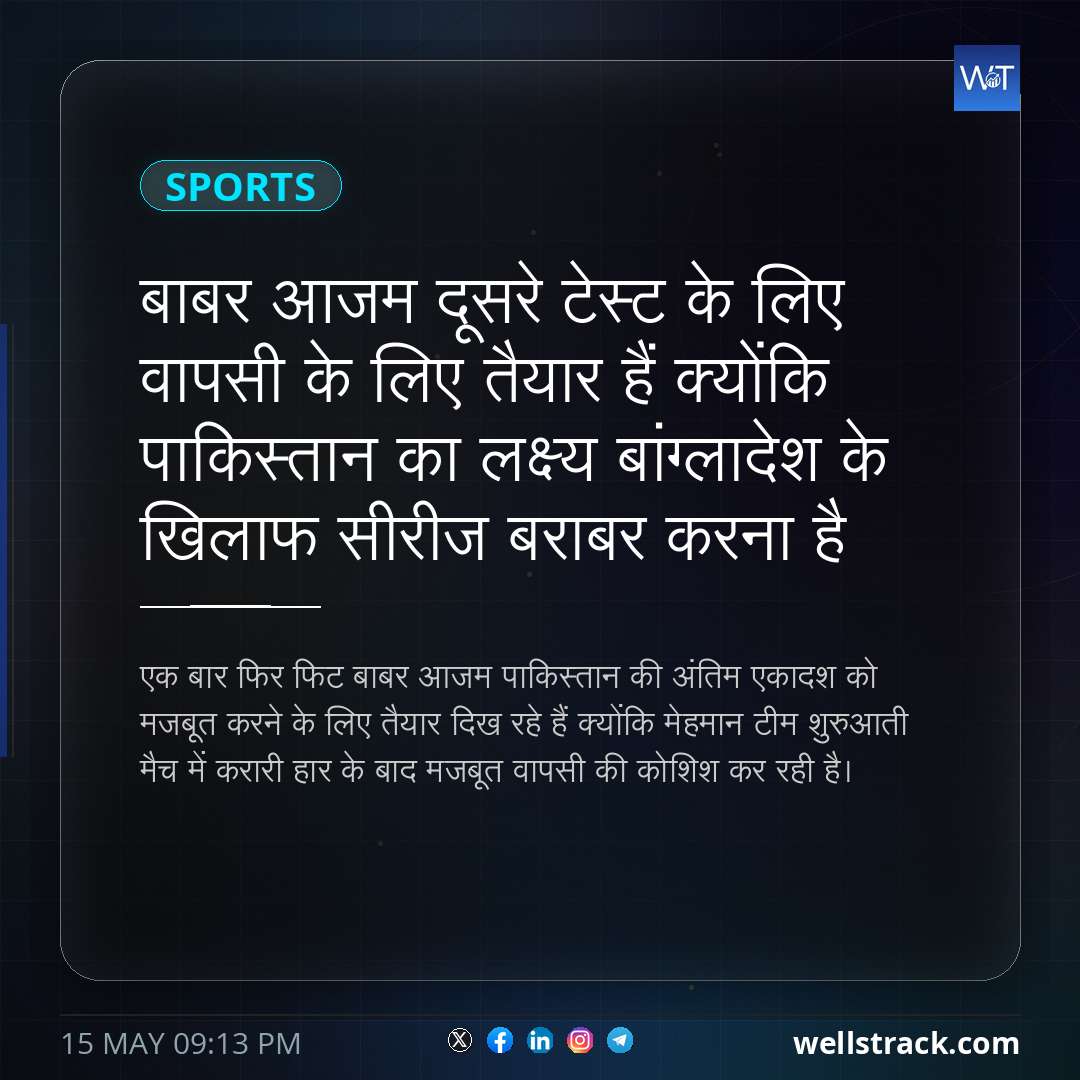 बाबर आजम दूसरे टेस्ट के लिए वापसी के लिए तैयार हैं क्योंकि पाकिस्तान का लक्ष्य बांग्लादेश के खिलाफ सीरीज बराबर करना है — WellsTrack