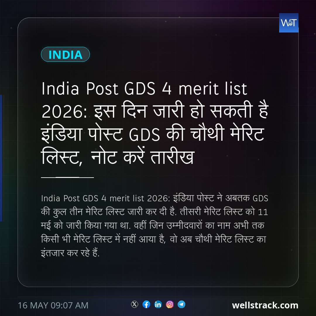India Post GDS 4 merit list 2026: इस दिन जारी हो सकती है इंडिया पोस्ट GDS की चौथी मेरिट लिस्ट, नोट करें तारीख — WellsTrack