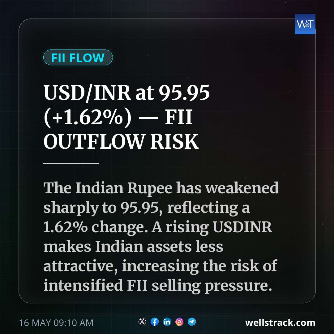 USD/INR at ₹95.95 (+1.62%) — FII OUTFLOW RISK — WellsTrack