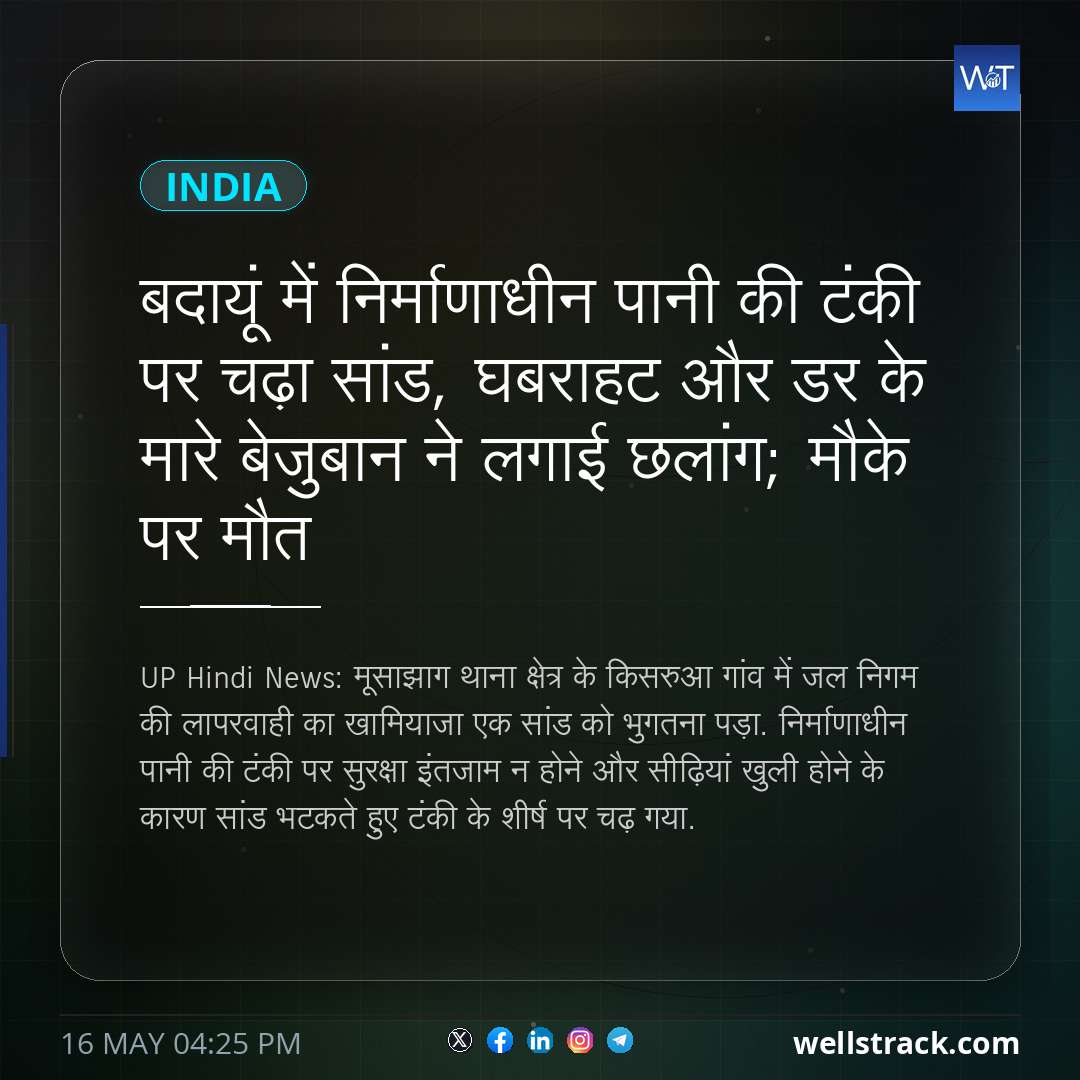 बदायूं में निर्माणाधीन पानी की टंकी पर चढ़ा सांड, घबराहट और डर के मारे बेजुबान ने लगाई छलांग; मौके पर मौत — WellsTrack