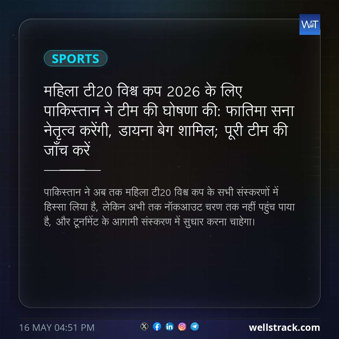 महिला टी20 विश्व कप 2026 के लिए पाकिस्तान ने टीम की घोषणा की: फातिमा सना नेतृत्व करेंगी, डायना बेग शामिल; पूरी टीम की जाँच करें — WellsTrack
