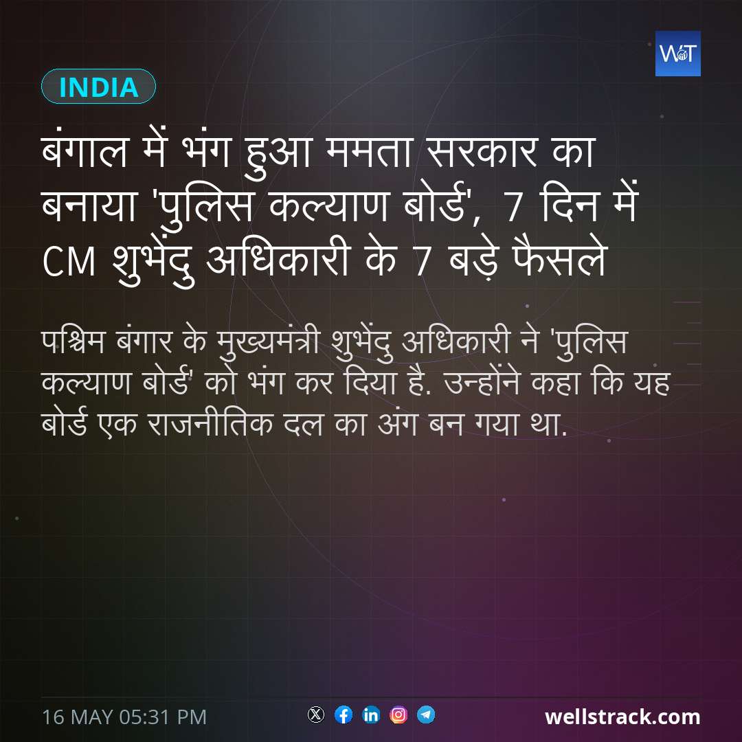 बंगाल में भंग हुआ ममता सरकार का बनाया 'पुलिस कल्याण बोर्ड', 7 दिन में CM शुभेंदु अधिकारी के 7 बड़े फैसले — WellsTrack