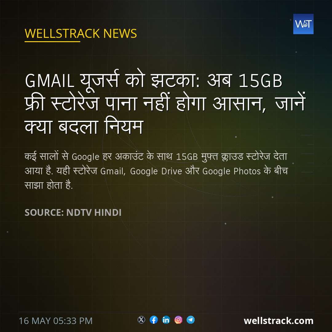 Gmail यूजर्स को झटका: अब 15GB फ्री स्टोरेज पाना नहीं होगा आसान, जानें क्या बदला नियम — WellsTrack
