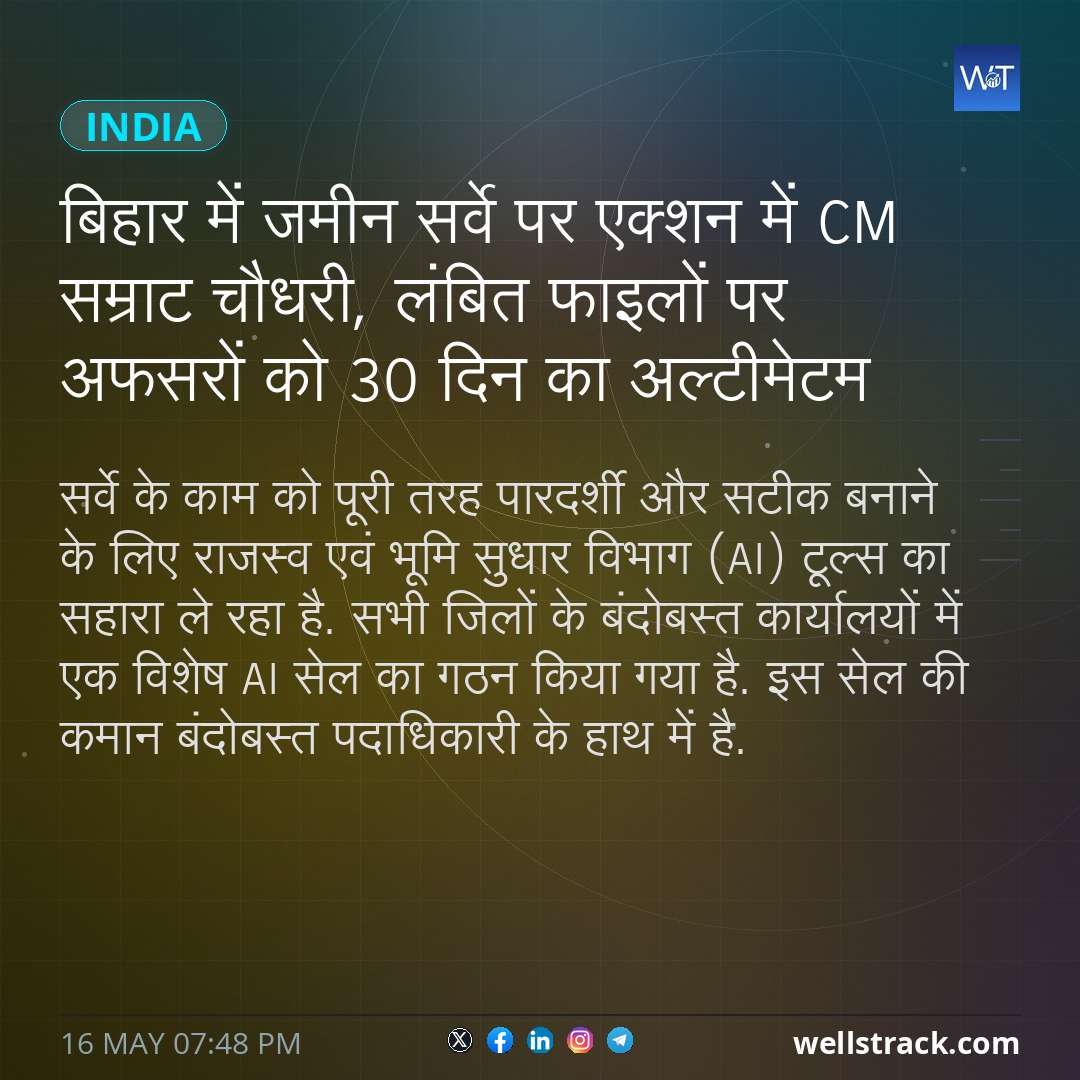 बिहार में जमीन सर्वे पर एक्शन में CM सम्राट चौधरी, लंबित फाइलों पर अफसरों को 30 दिन का अल्टीमेटम — WellsTrack