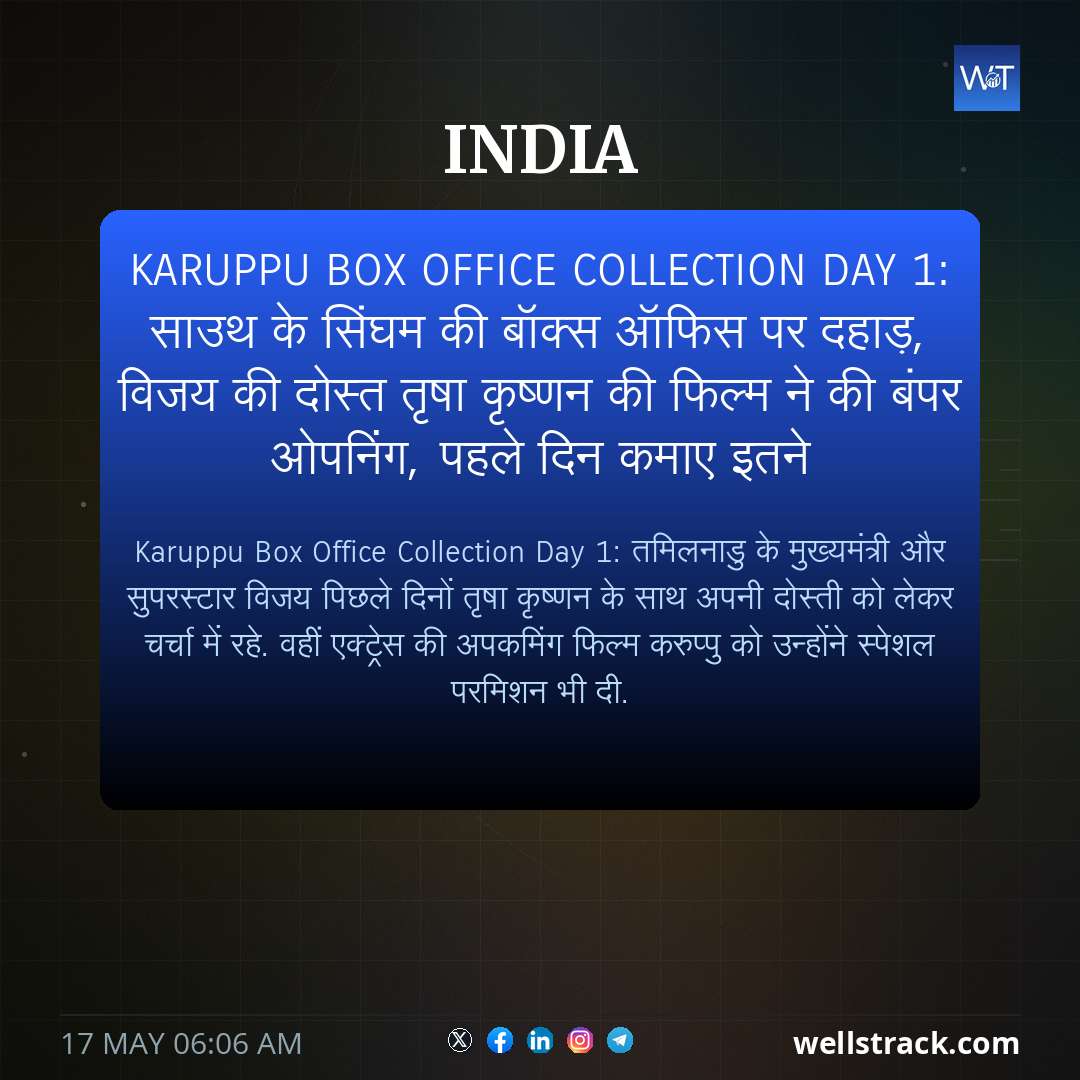 Karuppu Box Office Collection Day 1: साउथ के सिंघम की बॉक्स ऑफिस पर दहाड़, विजय की दोस्त तृषा कृष्णन की फिल्म ने की बंपर ओपनिंग, पहले दिन कमाए इतने — WellsTrack