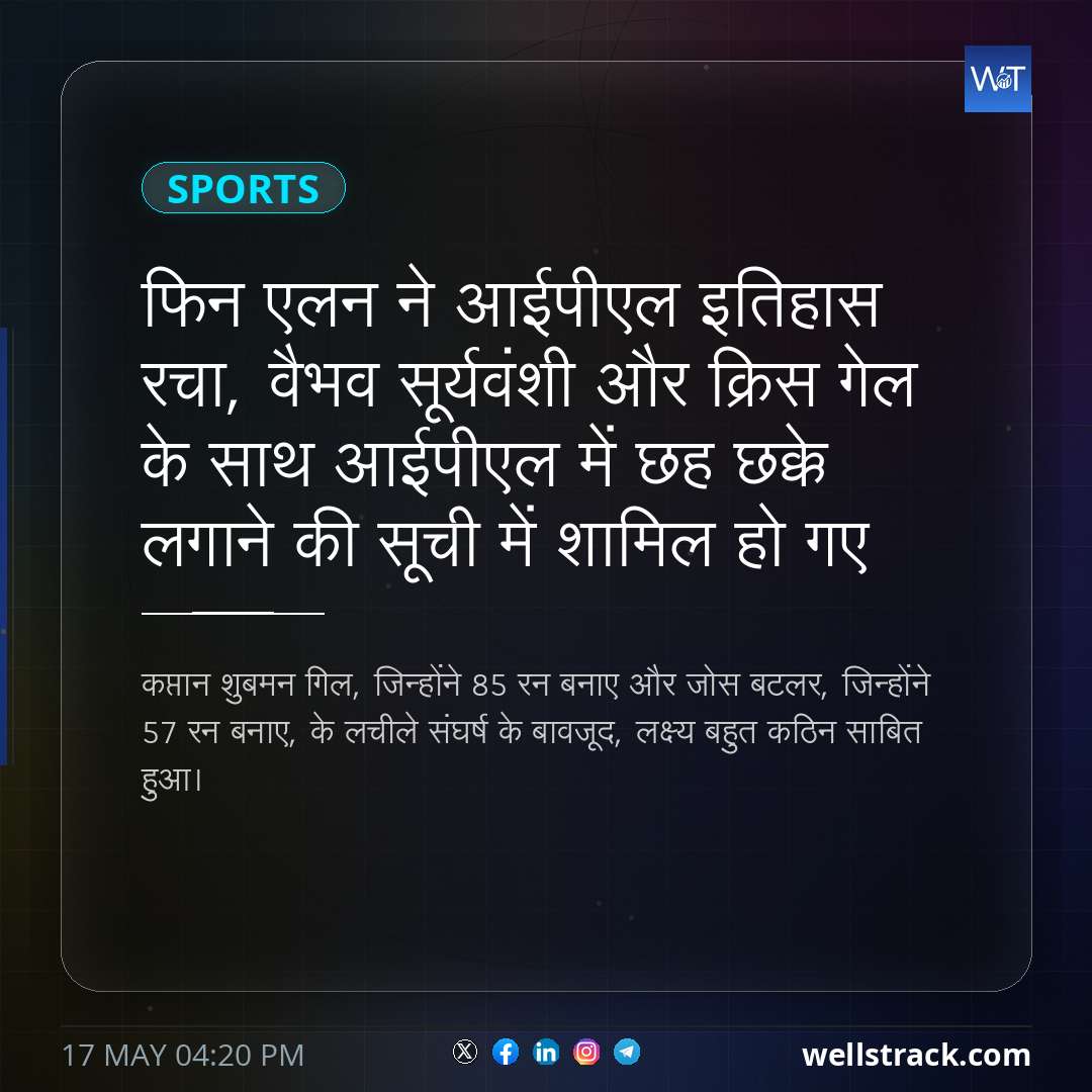 फिन एलन ने आईपीएल इतिहास रचा, वैभव सूर्यवंशी और क्रिस गेल के साथ आईपीएल में छह छक्के लगाने की सूची में शामिल हो गए — WellsTrack