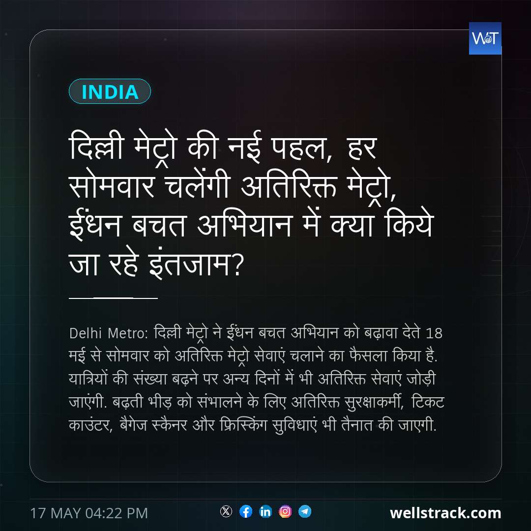 दिल्ली मेट्रो की नई पहल, हर सोमवार चलेंगी अतिरिक्त मेट्रो, ईंधन बचत अभियान में क्या किये जा रहे इंतजाम? — WellsTrack