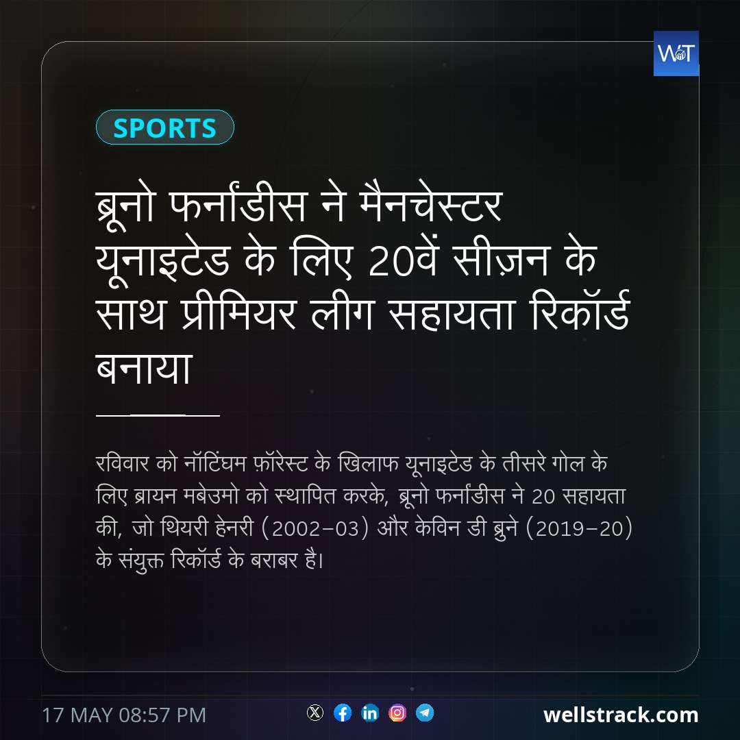 ब्रूनो फर्नांडीस ने मैनचेस्टर यूनाइटेड के लिए 20वें सीज़न के साथ प्रीमियर लीग सहायता रिकॉर्ड बनाया — WellsTrack