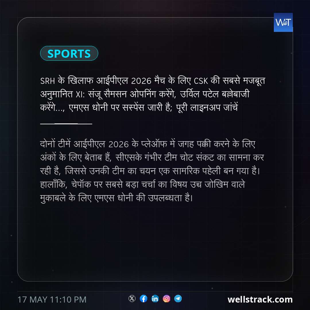 SRH के खिलाफ आईपीएल 2026 मैच के लिए CSK की सबसे मजबूत अनुमानित XI: संजू सैमसन ओपनिंग करेंगे, उर्विल पटेल बल्लेबाजी करेंगे..., एमएस धोनी पर सस्पेंस जारी है; पूरी लाइनअप जांचें — WellsTrack