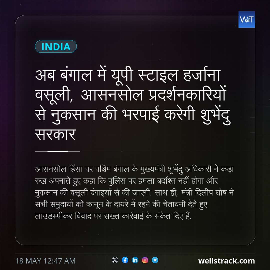 अब बंगाल में यूपी स्टाइल हर्जाना वसूली, आसनसोल प्रदर्शनकारियों से नुकसान की भरपाई करेगी शुभेंदु सरकार — WellsTrack