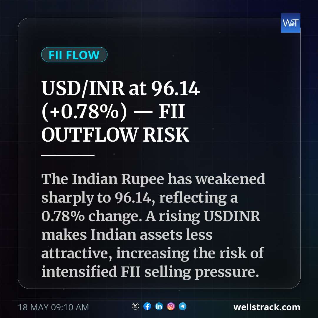 USD/INR at ₹96.14 (+0.78%) — FII OUTFLOW RISK — WellsTrack