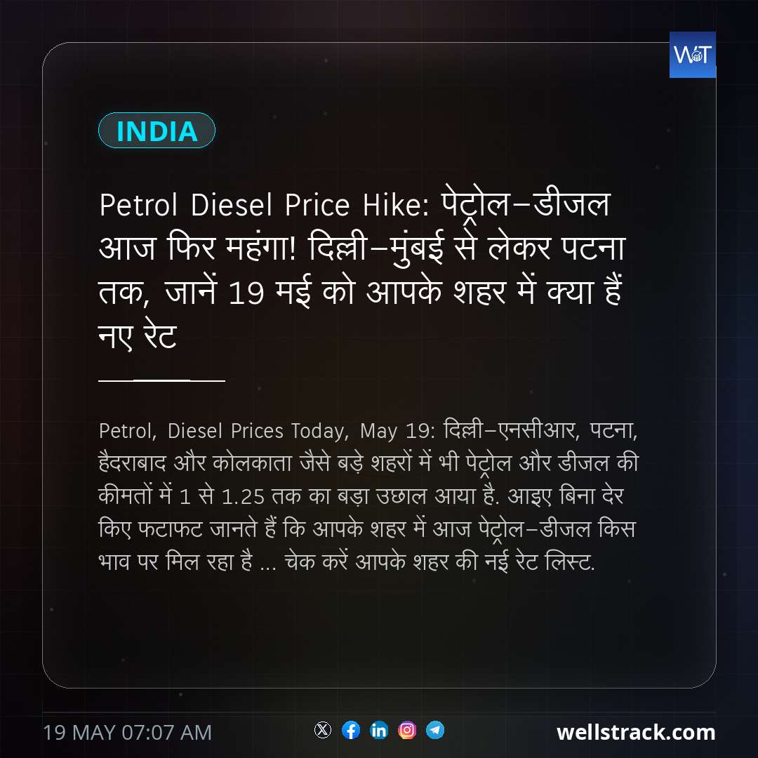 Petrol Diesel Price Hike: पेट्रोल-डीजल आज फिर महंगा! दिल्ली-मुंबई से लेकर पटना तक, जानें 19 मई को आपके शहर में क्या हैं नए रेट — WellsTrack