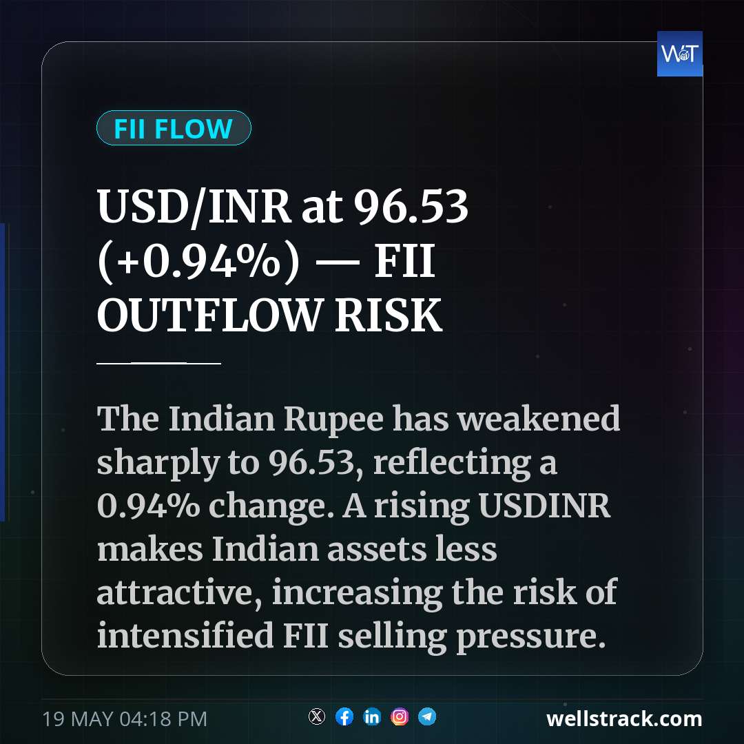 USD/INR at ₹96.53 (+0.94%) — FII OUTFLOW RISK — WellsTrack