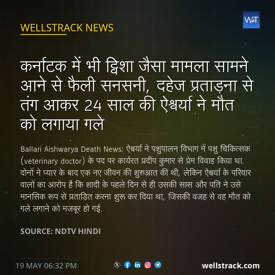 कर्नाटक में भी ट्विशा जैसा मामला सामने आने से फैली सनसनी, दहेज प्रताड़ना से तंग आकर 24 साल की ऐश्वर्या ने मौत को लगाया गले — WellsTrack