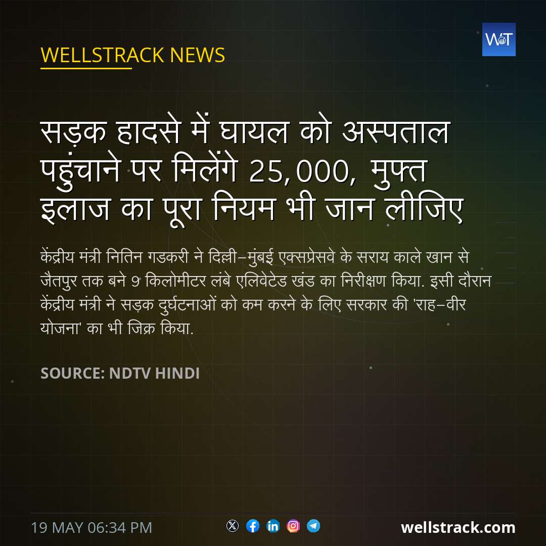 सड़क हादसे में घायल को अस्पताल पहुंचाने पर मिलेंगे ₹25,000, मुफ्त इलाज का पूरा नियम भी जान लीजिए — WellsTrack