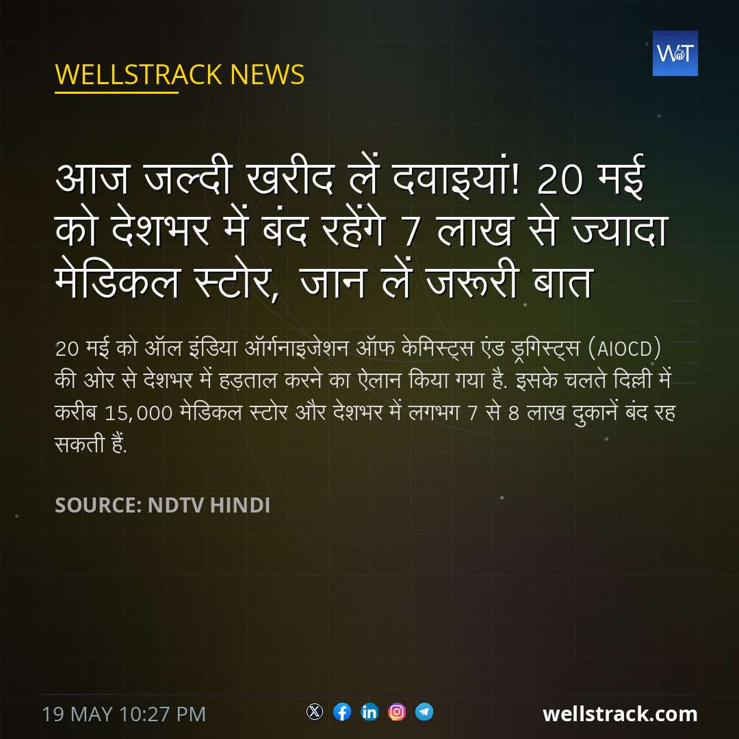 आज जल्दी खरीद लें दवाइयां! 20 मई को देशभर में बंद रहेंगे 7 लाख से ज्यादा मेडिकल स्टोर, जान लें जरूरी बात — WellsTrack