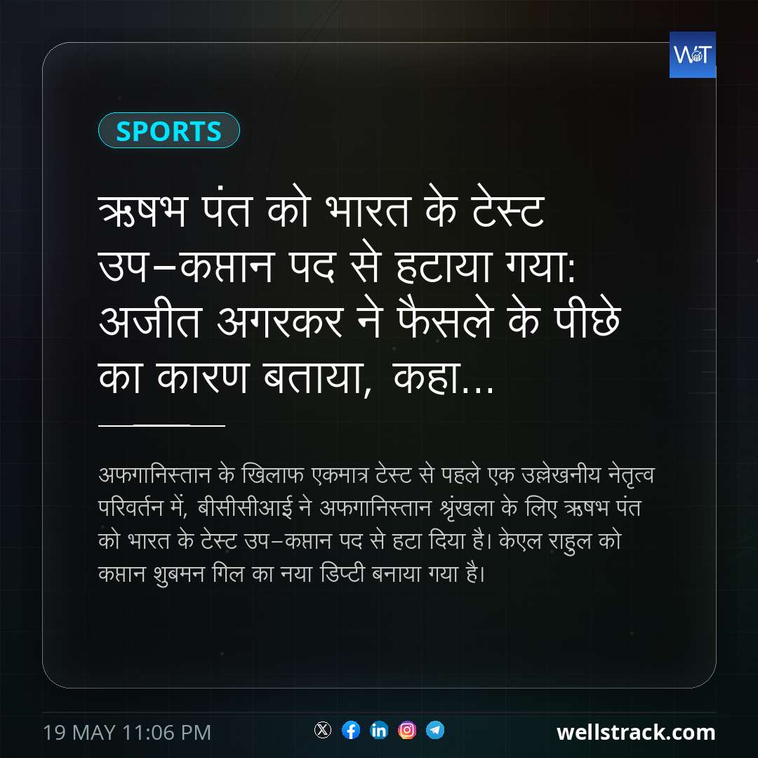 ऋषभ पंत को भारत के टेस्ट उप-कप्तान पद से हटाया गया: अजीत अगरकर ने फैसले के पीछे का कारण बताया, कहा... — WellsTrack