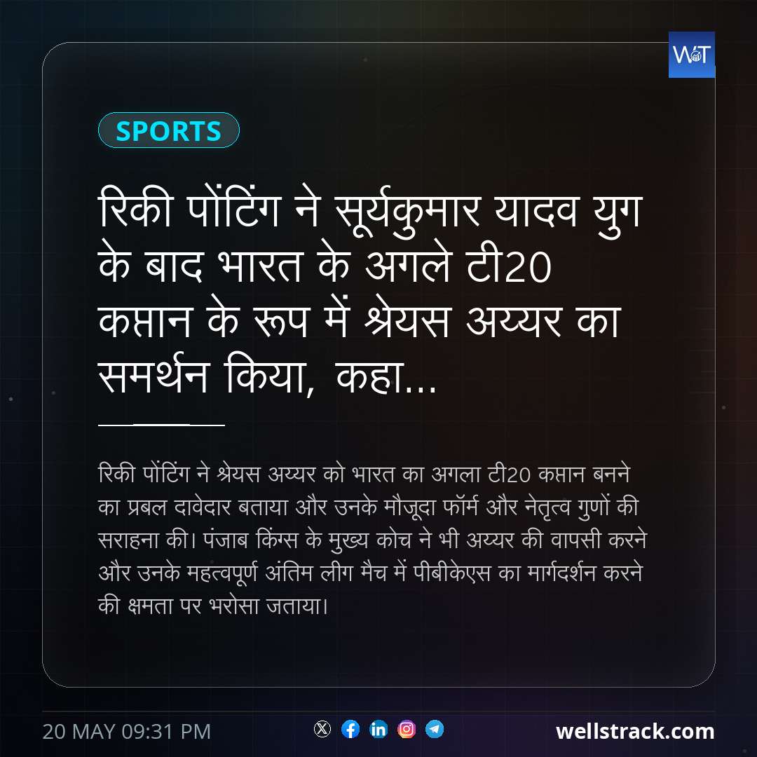 रिकी पोंटिंग ने सूर्यकुमार यादव युग के बाद भारत के अगले टी20 कप्तान के रूप में श्रेयस अय्यर का समर्थन किया, कहा... — WellsTrack