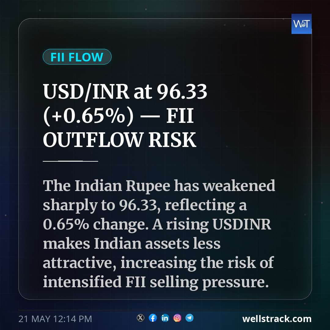USD/INR at ₹96.33 (+0.65%) — FII OUTFLOW RISK — WellsTrack