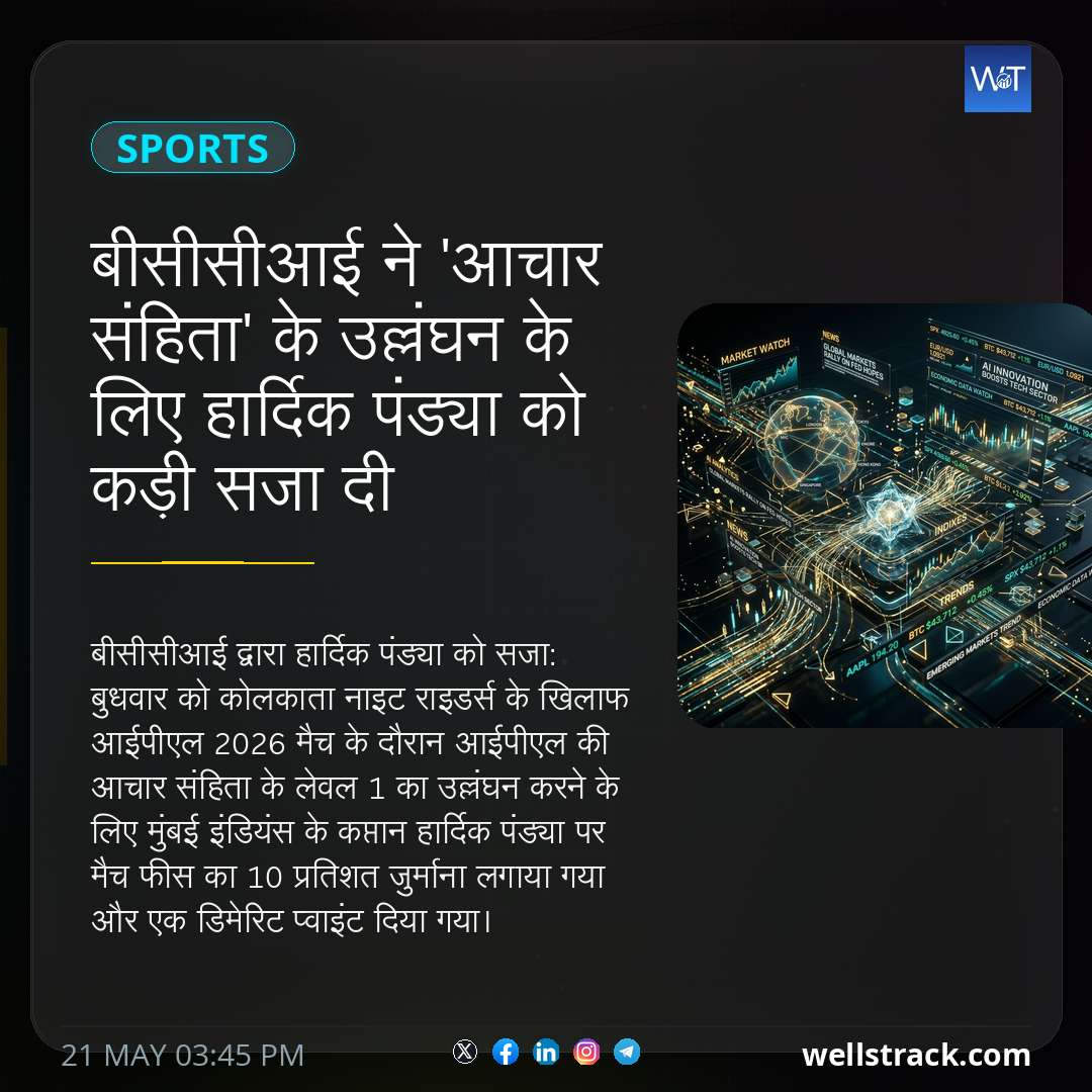 बीसीसीआई ने 'आचार संहिता' के उल्लंघन के लिए हार्दिक पंड्या को कड़ी सजा दी — WellsTrack
