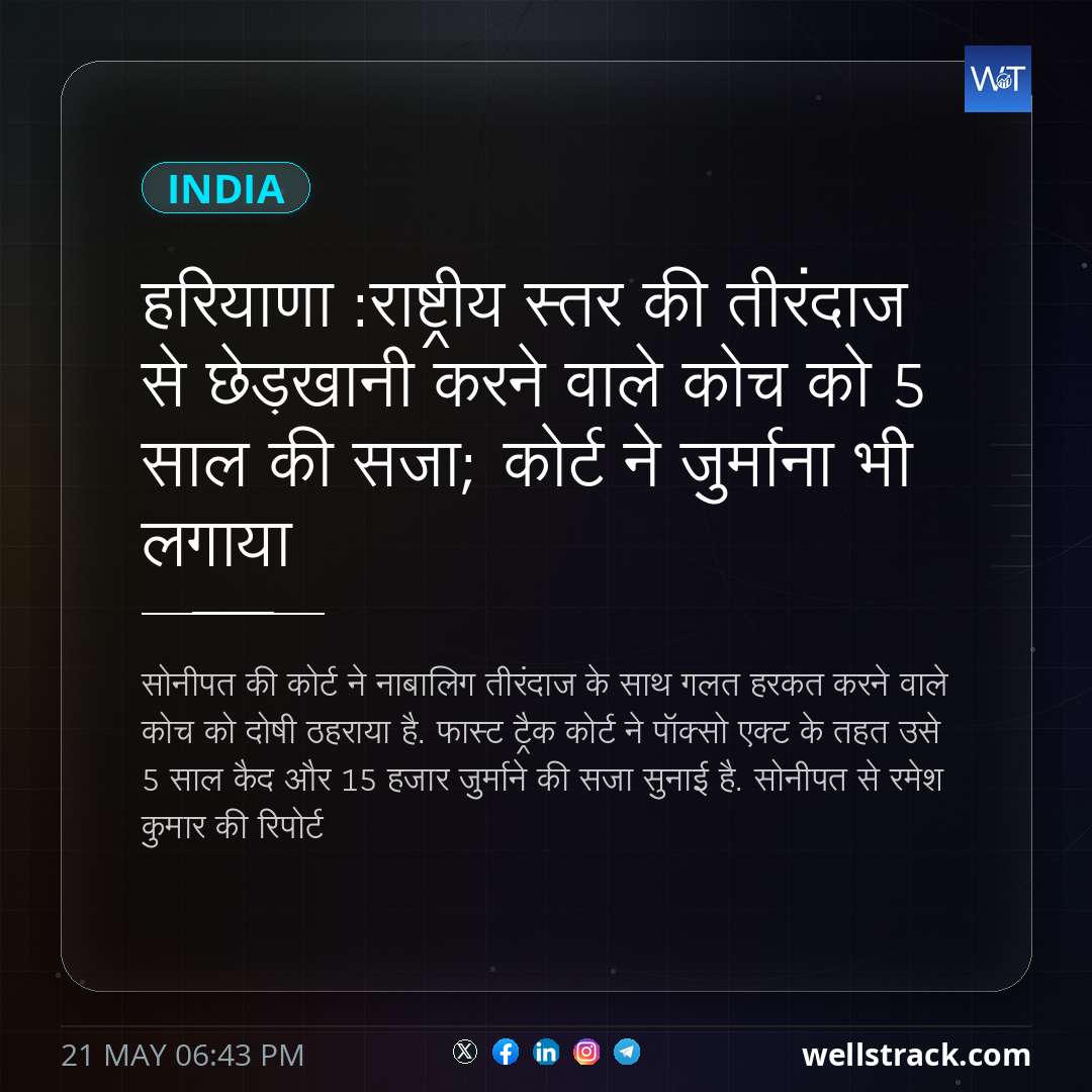हरियाणा :राष्ट्रीय स्तर की तीरंदाज से छेड़खानी करने वाले कोच को 5 साल की सजा; कोर्ट ने जुर्माना भी लगाया — WellsTrack