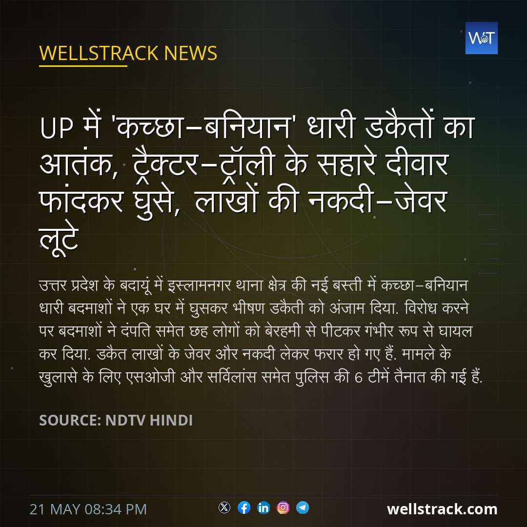 UP में 'कच्छा-बनियान' धारी डकैतों का आतंक, ट्रैक्टर-ट्रॉली के सहारे दीवार फांदकर घुसे, लाखों की नकदी-जेवर लूटे — WellsTrack