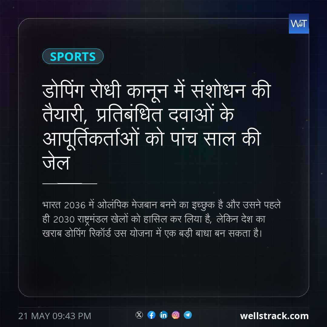 डोपिंग रोधी कानून में संशोधन की तैयारी, प्रतिबंधित दवाओं के आपूर्तिकर्ताओं को पांच साल की जेल — WellsTrack
