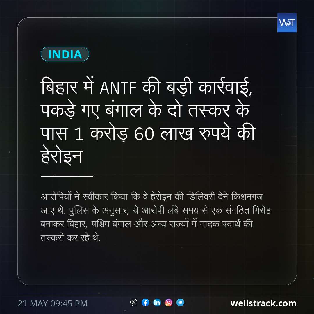 बिहार में ANTF की बड़ी कार्रवाई, पकड़े गए बंगाल के दो तस्कर के पास 1 करोड़ 60 लाख रुपये की हेरोइन — WellsTrack