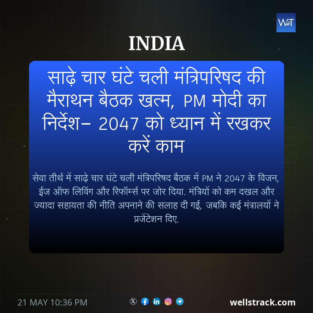 साढ़े चार घंटे चली मंत्रिपरिषद की मैराथन बैठक खत्म, PM मोदी का निर्देश- 2047 को ध्यान में रखकर करें काम — WellsTrack