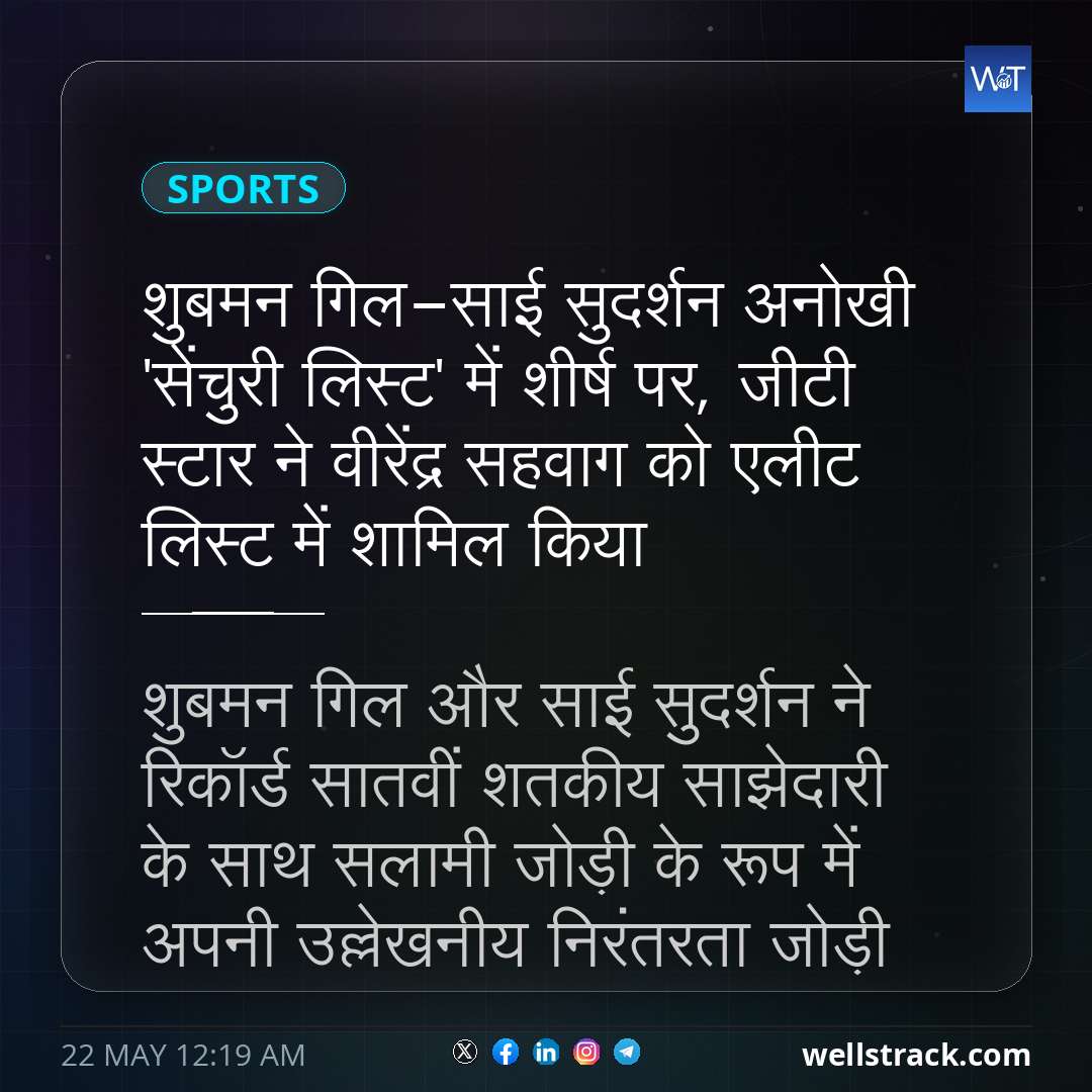 शुबमन गिल-साई सुदर्शन अनोखी 'सेंचुरी लिस्ट' में शीर्ष पर, जीटी स्टार ने वीरेंद्र सहवाग को एलीट लिस्ट में शामिल किया — WellsTrack