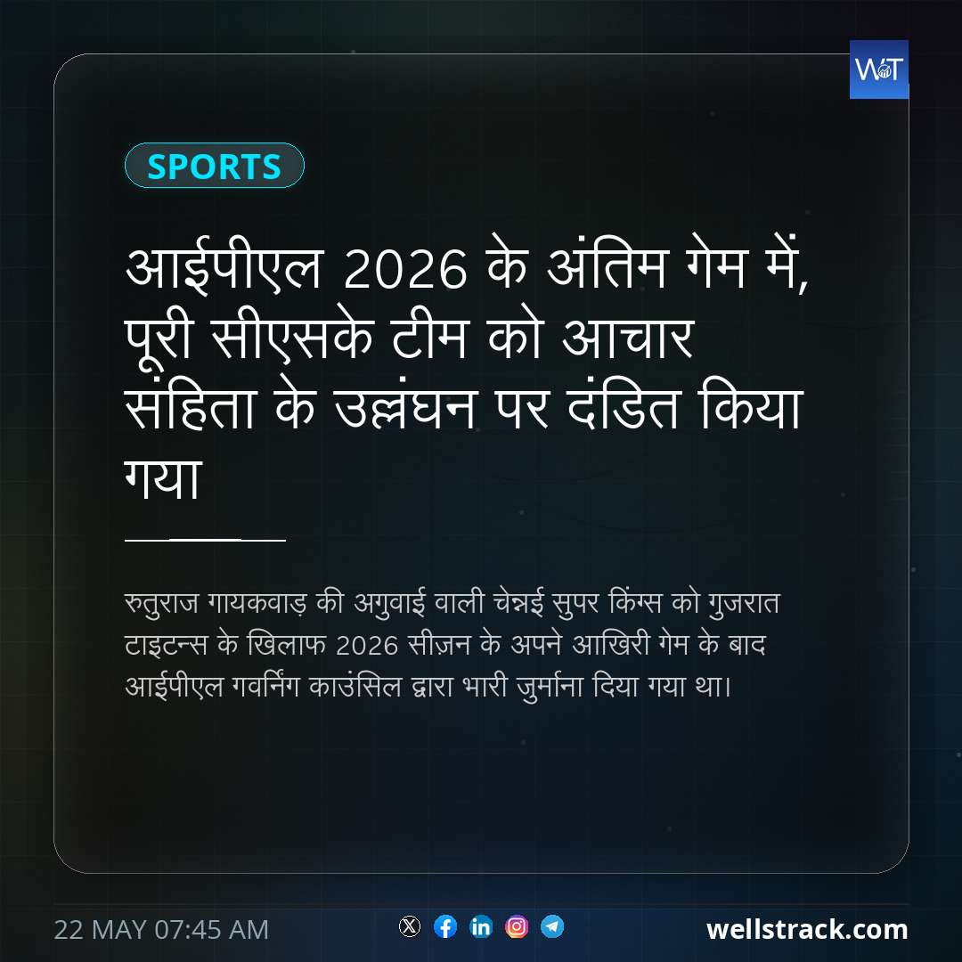 आईपीएल 2026 के अंतिम गेम में, पूरी सीएसके टीम को आचार संहिता के उल्लंघन पर दंडित किया गया — WellsTrack