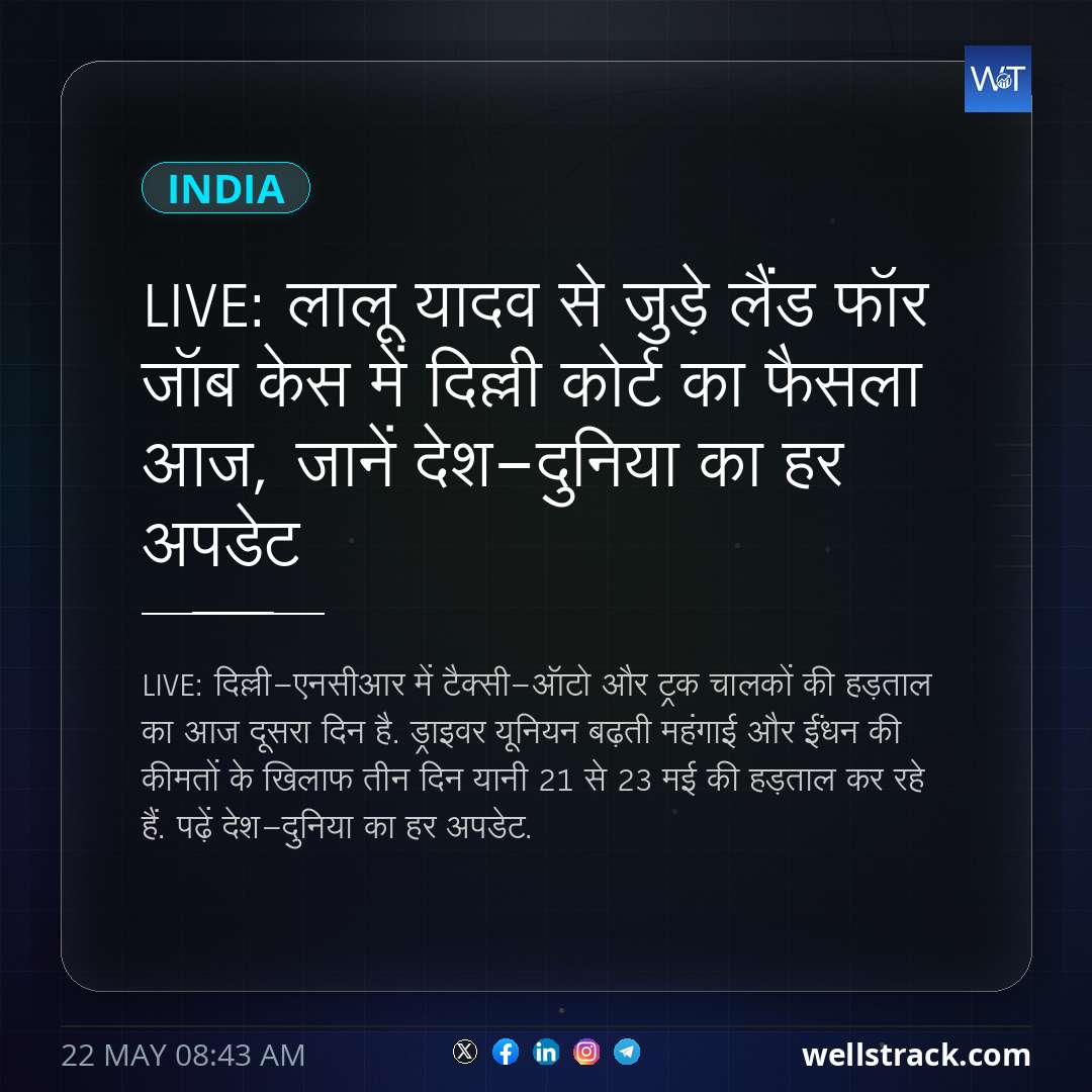 LIVE: लालू यादव से जुड़े लैंड फॉर जॉब केस में दिल्ली कोर्ट का फैसला आज, जानें देश-दुनिया का हर अपडेट — WellsTrack