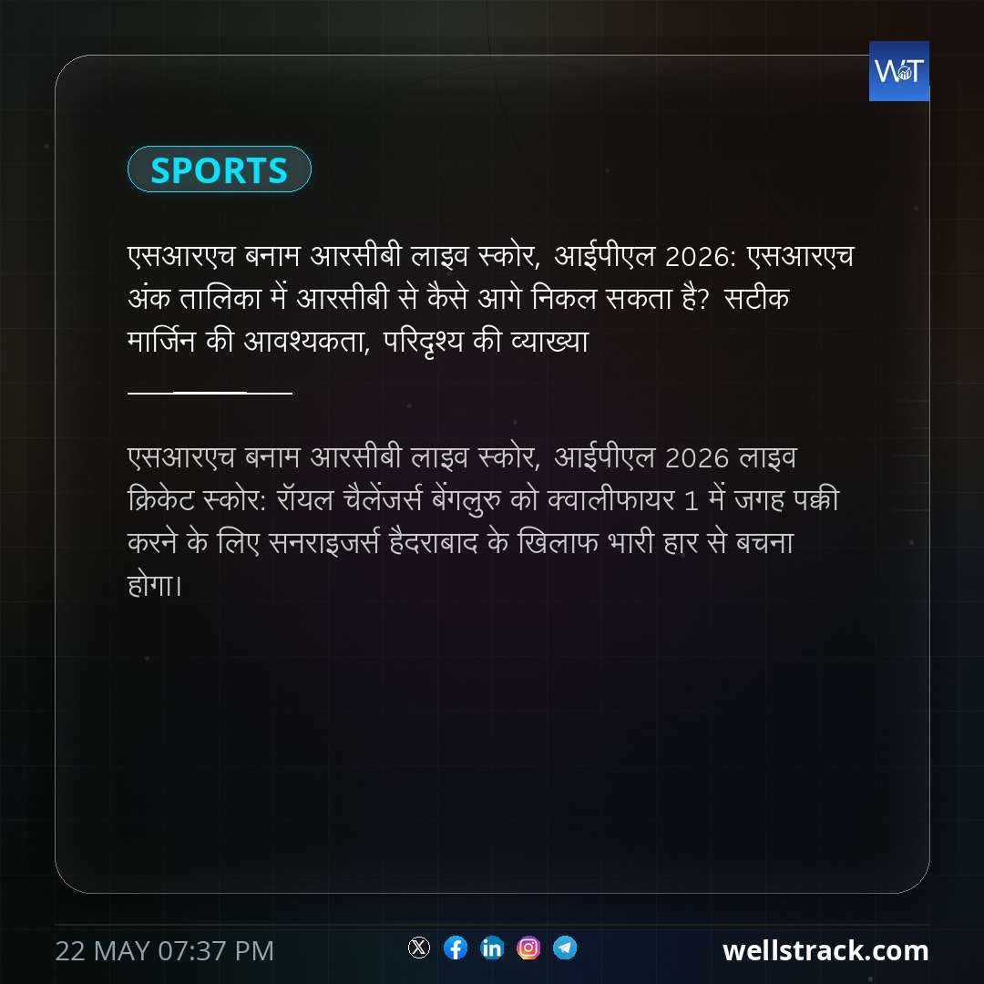 एसआरएच बनाम आरसीबी लाइव स्कोर, आईपीएल 2026: एसआरएच अंक तालिका में आरसीबी से कैसे आगे निकल सकता है? सटीक मार्जिन की आवश्यकता, परिदृश्य की व्याख्या — WellsTrack