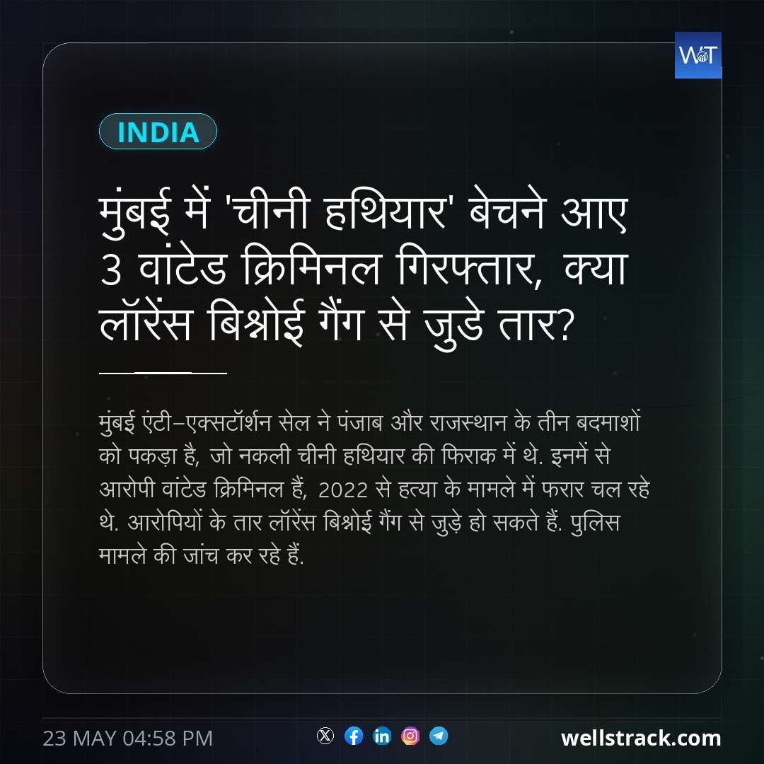 मुंबई में 'चीनी हथियार' बेचने आए 3 वांटेड क्रिमिनल गिरफ्तार, क्या लॉरेंस बिश्नोई गैंग से जुडे तार? — WellsTrack