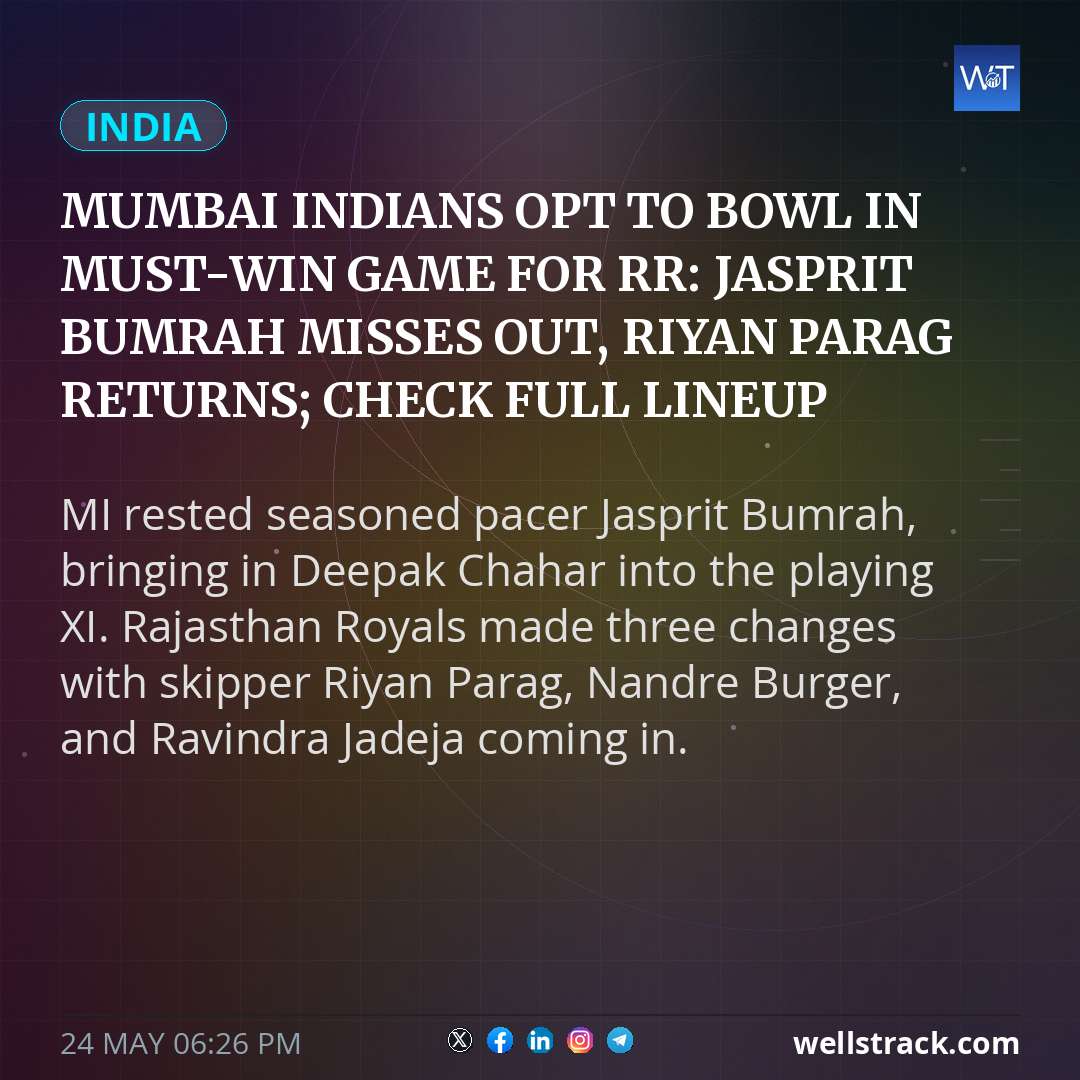 Mumbai Indians opt to bowl in must-win game for RR: Jasprit Bumrah misses out, Riyan Parag returns; check full lineup — WellsTrack