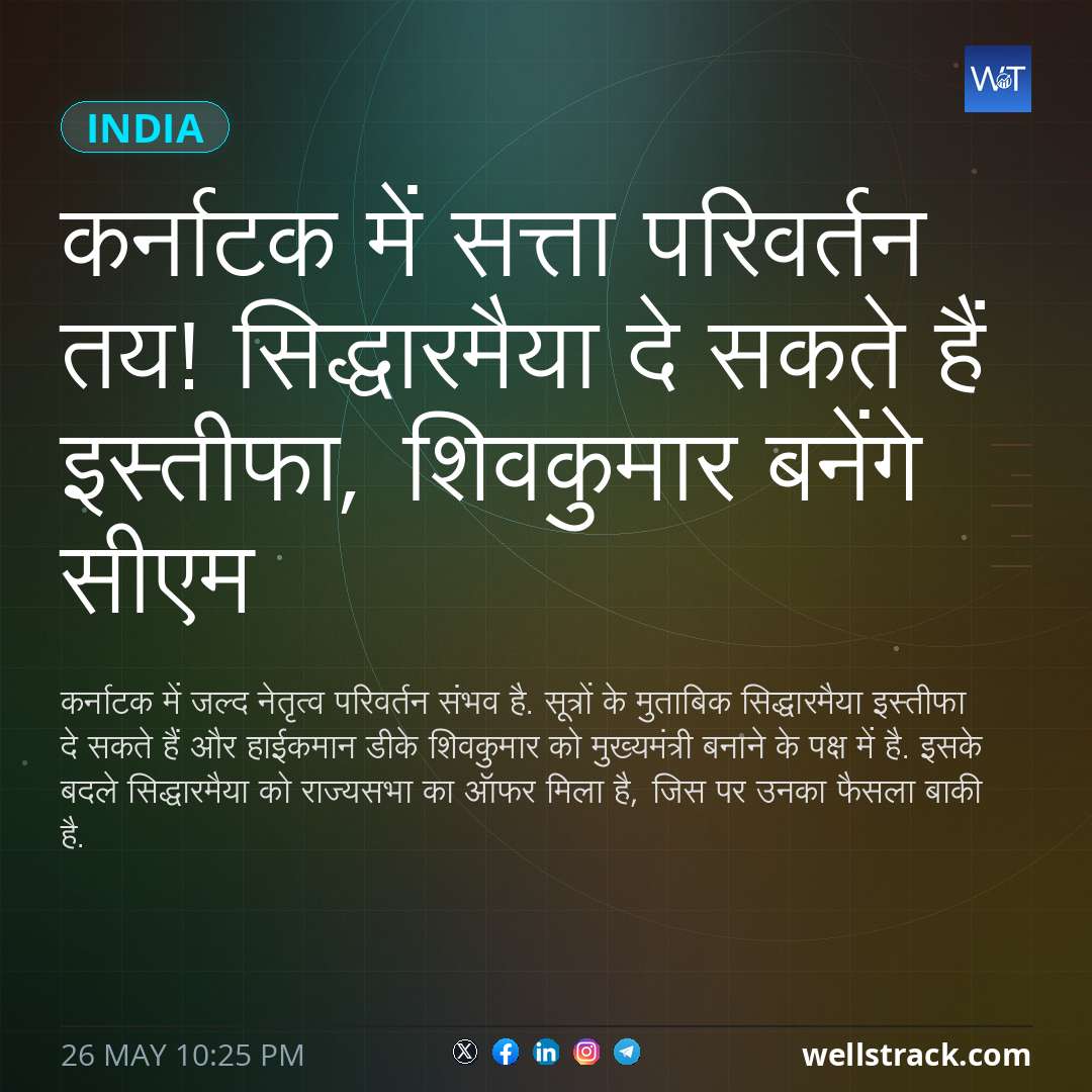 कर्नाटक में सत्ता परिवर्तन तय! सिद्धारमैया दे सकते हैं इस्तीफा, शिवकुमार बनेंगे सीएम — WellsTrack