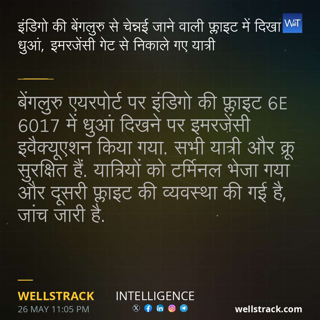 इंडिगो की बेंगलुरु से चेन्नई जाने वाली फ्लाइट में दिखा धुआं, इमरजेंसी गेट से निकाले गए यात्री — WellsTrack