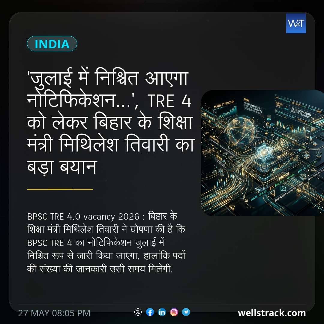 'जुलाई में निश्चित आएगा नोटिफिकेशन...', TRE 4 को लेकर बिहार के शिक्षा मंत्री मिथिलेश तिवारी का बड़ा बयान — WellsTrack