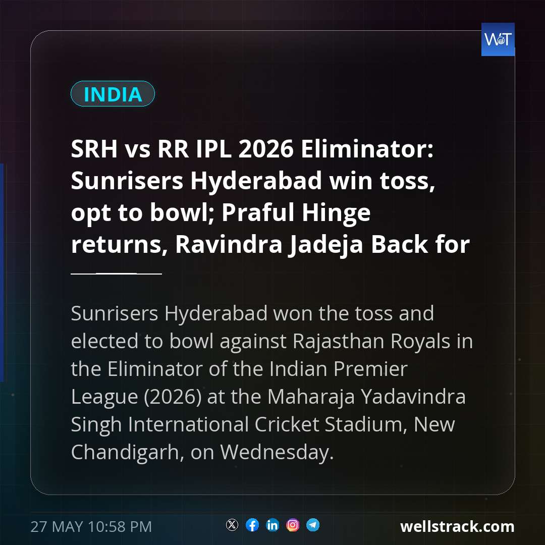 SRH vs RR IPL 2026 Eliminator: Sunrisers Hyderabad win toss, opt to bowl; Praful Hinge returns, Ravindra Jadeja Back for Rajasthan — WellsTrack