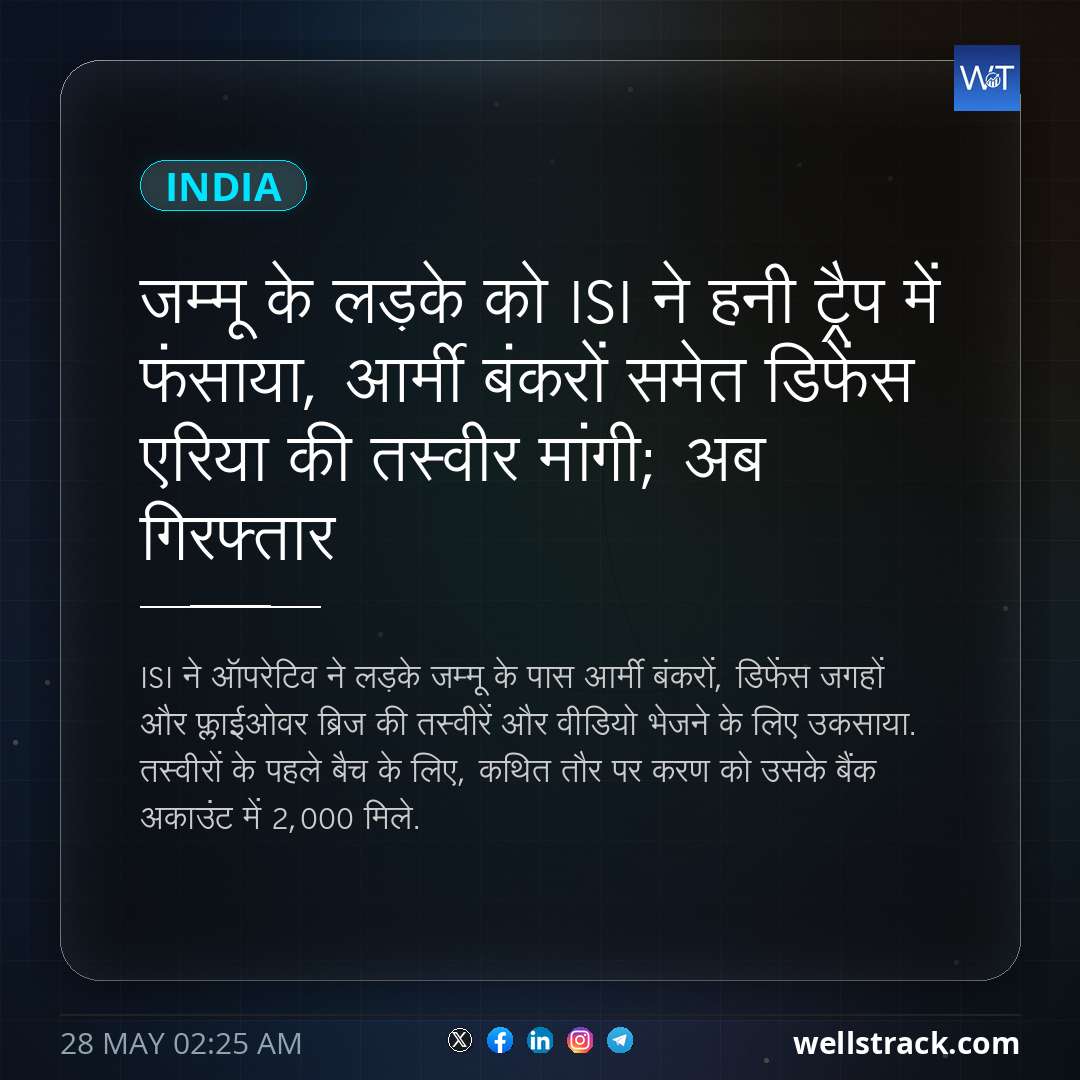 जम्मू के लड़के को ISI ने हनी ट्रैप में फंसाया, आर्मी बंकरों समेत डिफेंस एरिया की तस्वीर मांगी; अब गिरफ्तार — WellsTrack