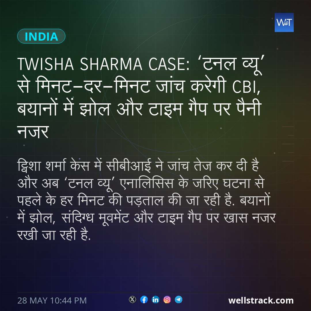 Twisha Sharma Case: ‘टनल व्यू’ से मिनट-दर-मिनट जांच करेगी CBI, बयानों में झोल और टाइम गैप पर पैनी नजर — WellsTrack