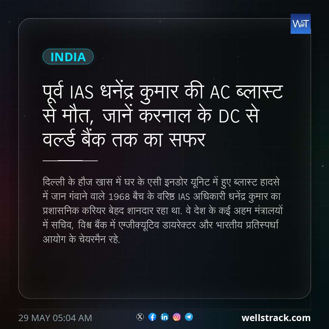 पूर्व IAS धनेंद्र कुमार की AC ब्लास्ट से मौत, जानें करनाल के DC से वर्ल्ड बैंक तक का सफर — WellsTrack