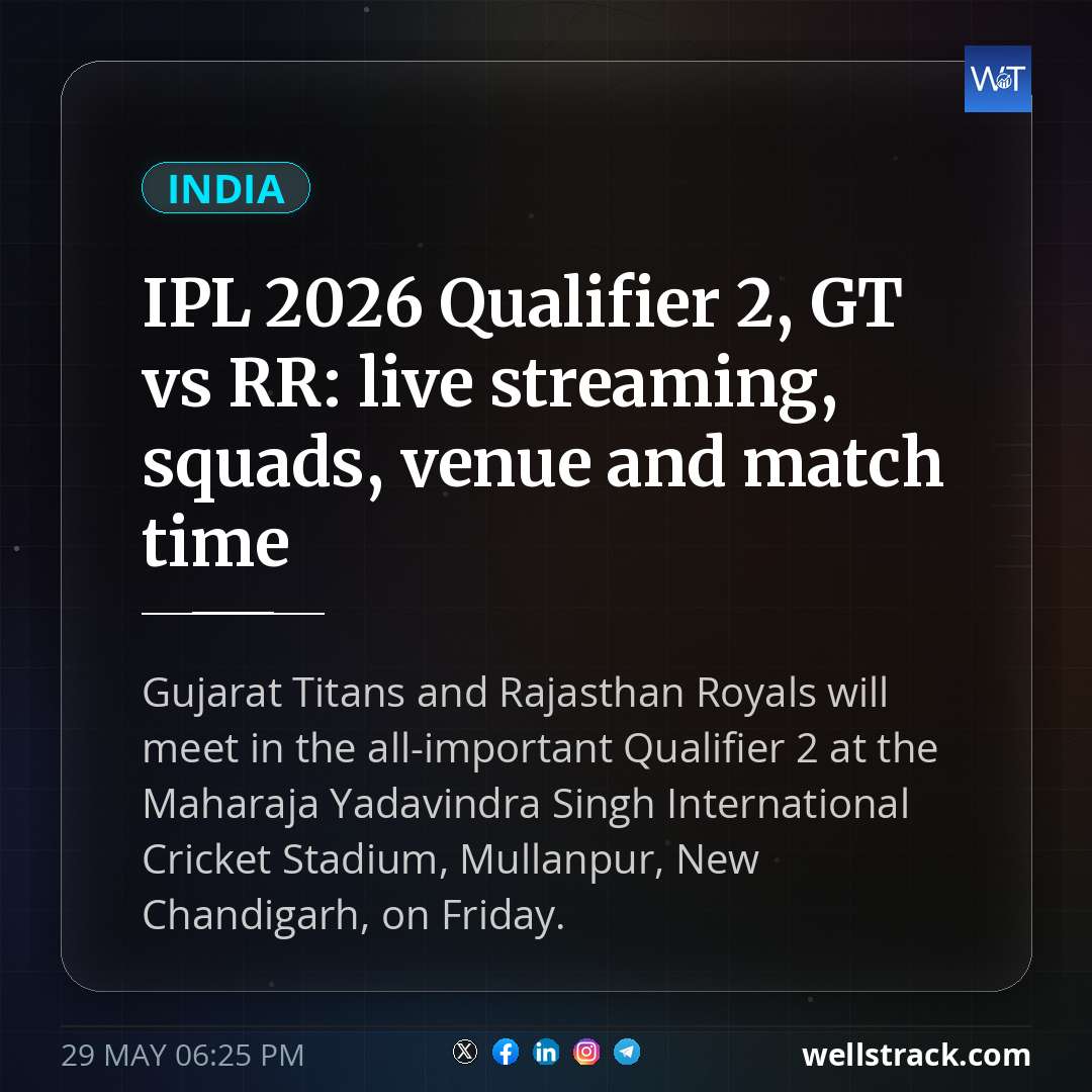 IPL 2026 Qualifier 2, GT vs RR: live streaming, squads, venue and match time — WellsTrack