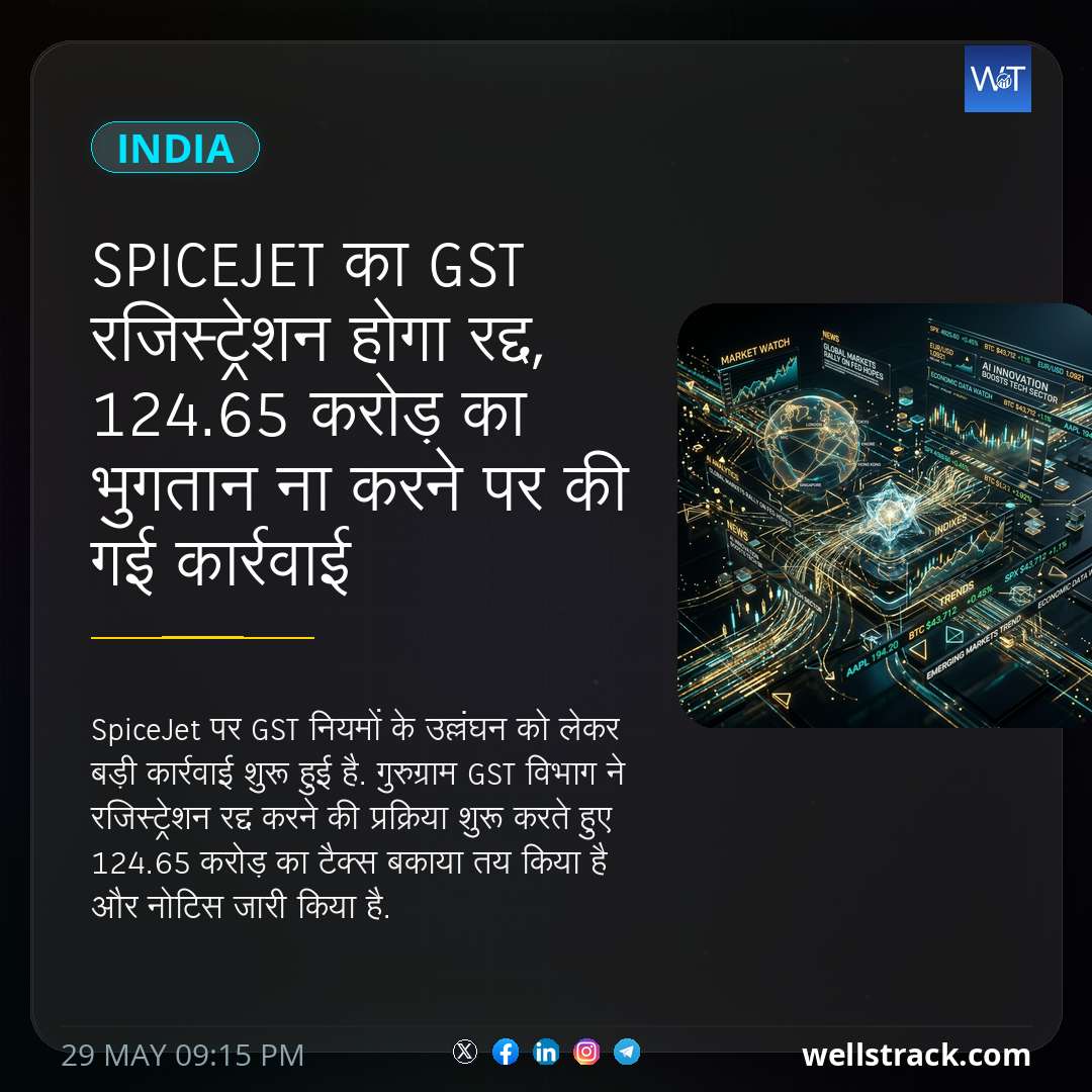 SpiceJet का GST रजिस्ट्रेशन होगा रद्द, 124.65 करोड़ का भुगतान ना करने पर की गई कार्रवाई — WellsTrack