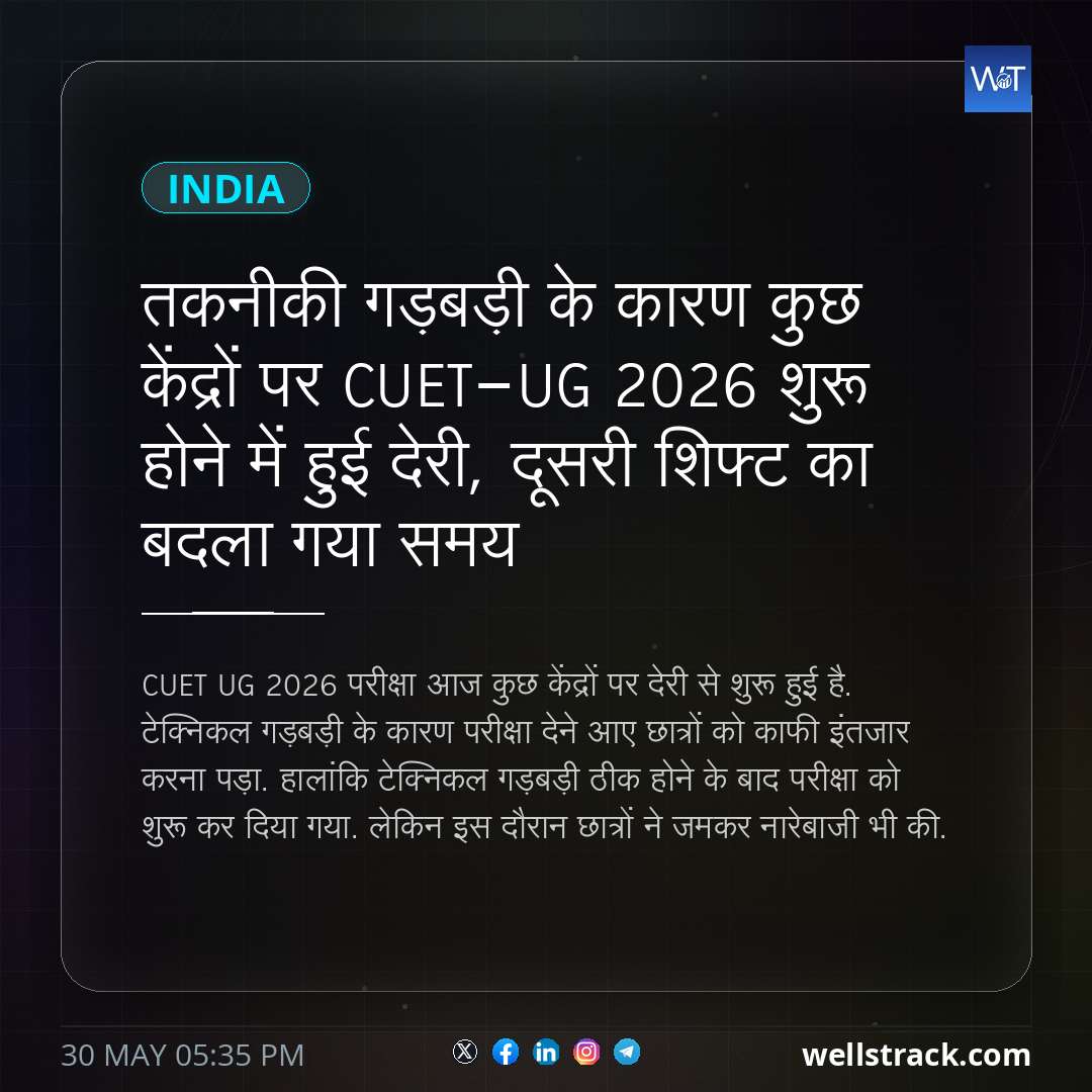 तकनीकी गड़बड़ी के कारण कुछ केंद्रों पर CUET-UG 2026 शुरू होने में हुई देरी, दूसरी शिफ्ट का बदला गया समय — WellsTrack