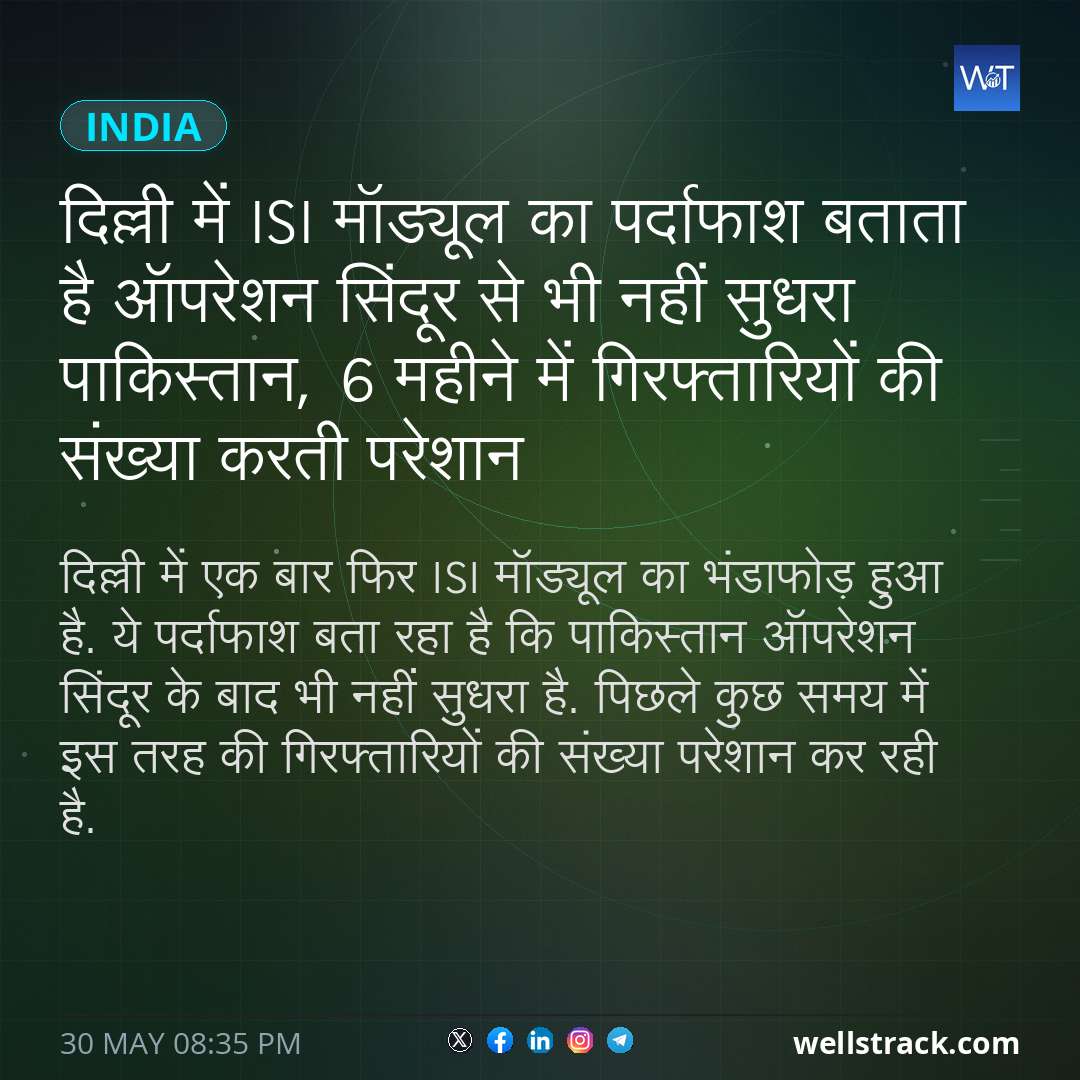 दिल्ली में ISI मॉड्यूल का पर्दाफाश बताता है ऑपरेशन सिंदूर से भी नहीं सुधरा पाकिस्तान, 6 महीने में गिरफ्तारियों की संख्या करती परेशान — WellsTrack