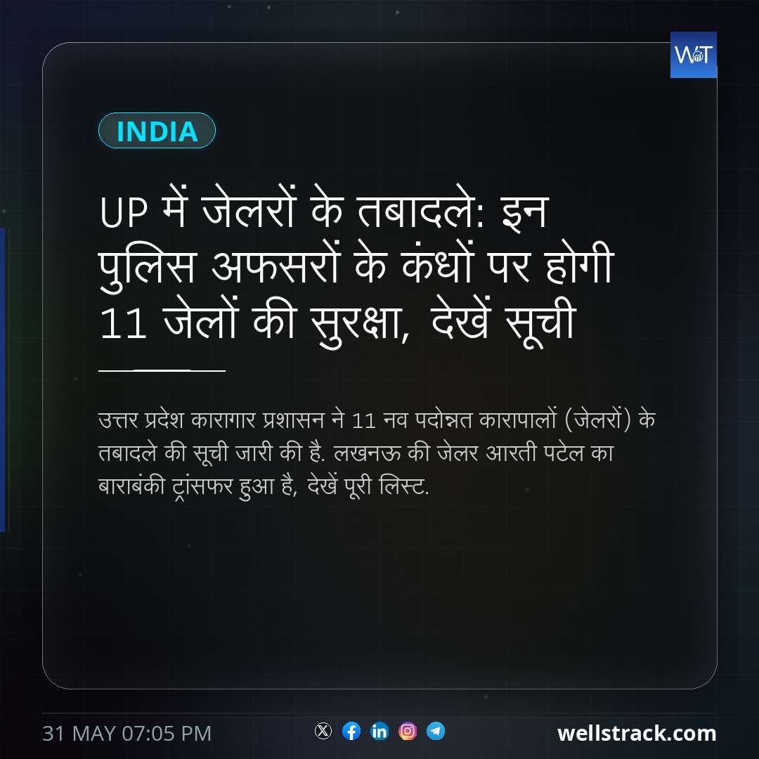 UP में जेलरों के तबादले: इन पुल‍िस अफसरों के कंधों पर होगी 11 जेलों की सुरक्षा, देखें सूची — WellsTrack