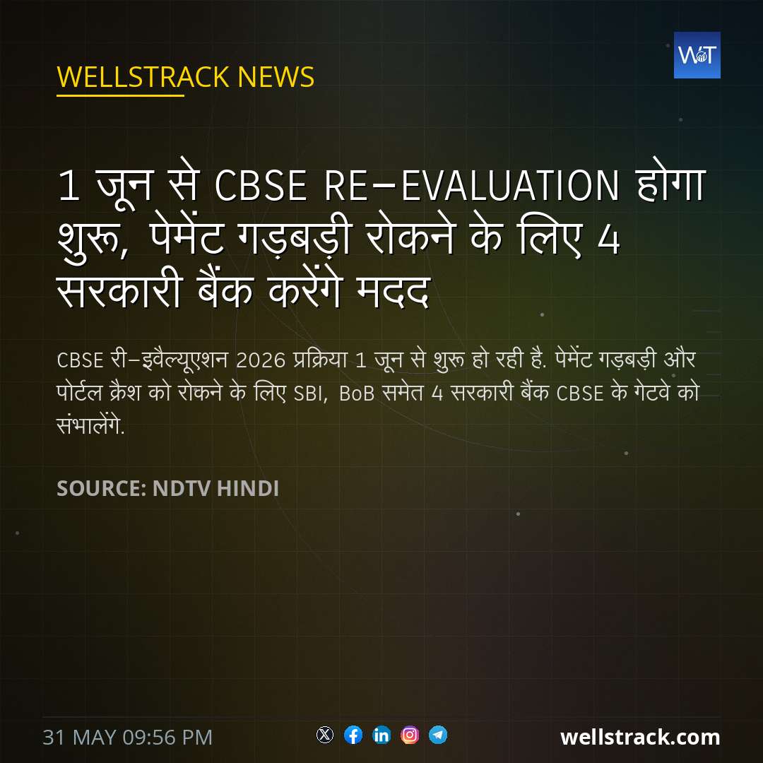 1 जून से CBSE Re-evaluation होगा शुरू, पेमेंट गड़बड़ी रोकने के लिए 4 सरकारी बैंक करेंगे मदद — WellsTrack