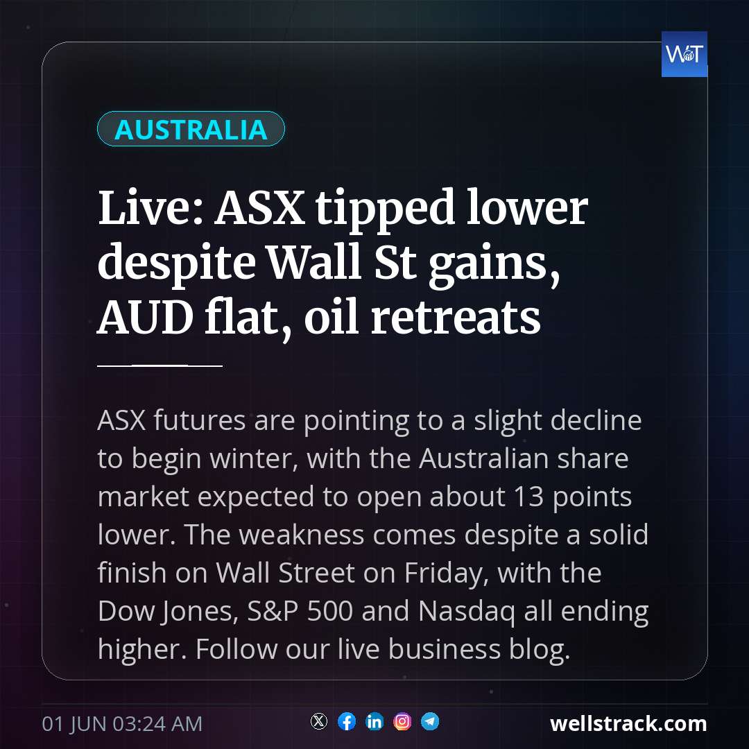 Live: ASX tipped lower despite Wall St gains, AUD flat, oil retreats — WellsTrack